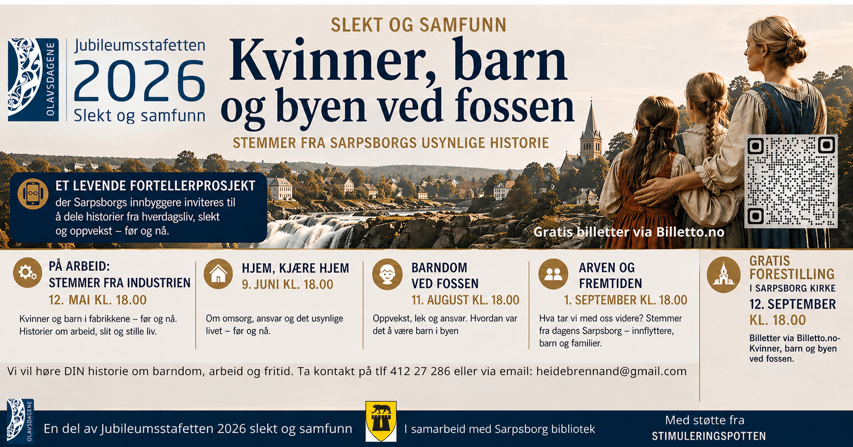 Kvinner, barn og byen ved fossen